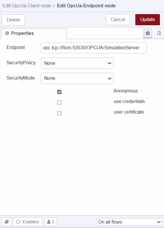 Configuring opc-ua client node with the opc ua server endpoint